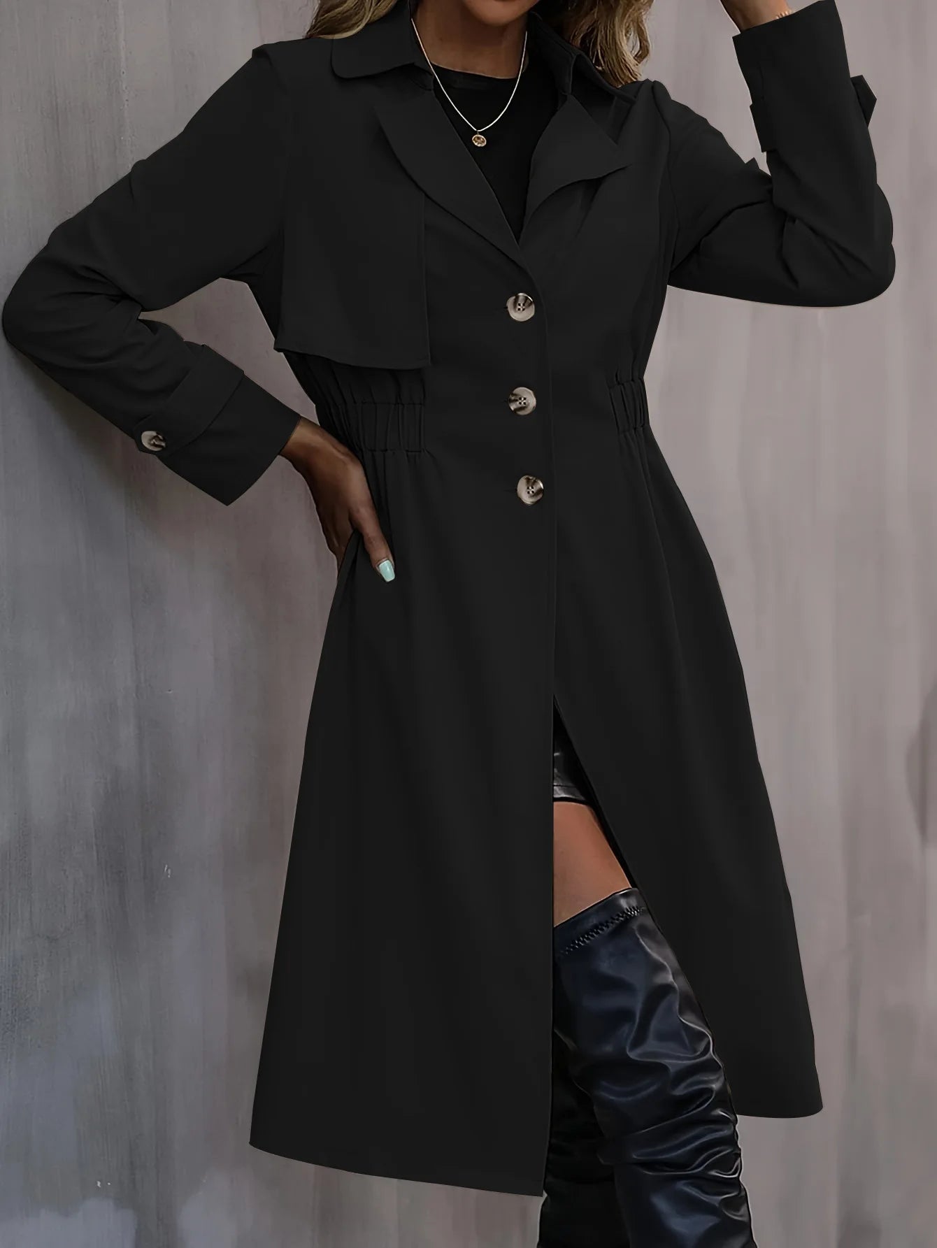 Women Fashion Coats Fall/Winter 2024 New Windproof Warm Windbreaker Chic Cinched Waist Frilled A-Line Hem Elegant Party Wear