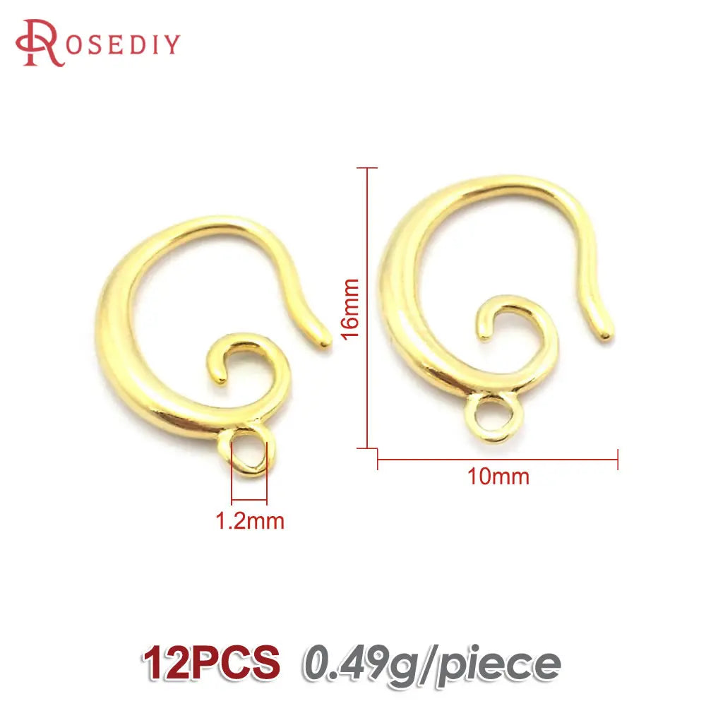 12PCS 10x16MM 11x19MM 18K Gold Color Brass Curling Style Earrings Hooks Jewelry Earrings Making Supplies Findings Accessories