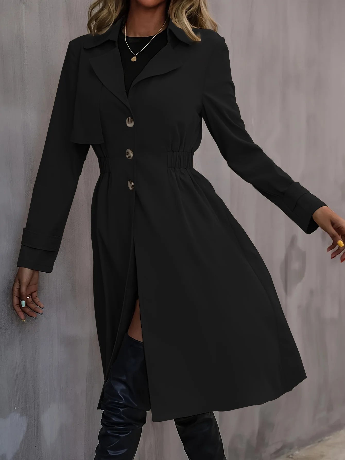 Women Fashion Coats Fall/Winter 2024 New Windproof Warm Windbreaker Chic Cinched Waist Frilled A-Line Hem Elegant Party Wear