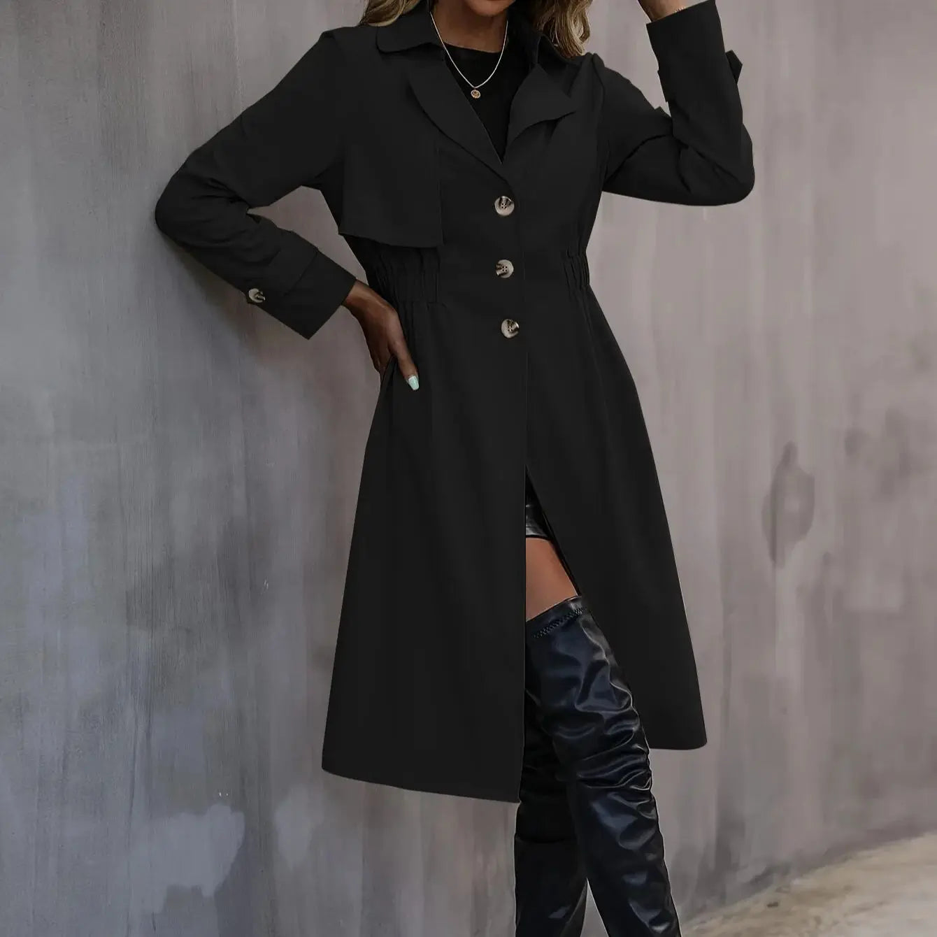 Women Fashion Coats Fall/Winter 2024 New Windproof Warm Windbreaker Chic Cinched Waist Frilled A-Line Hem Elegant Party Wear
