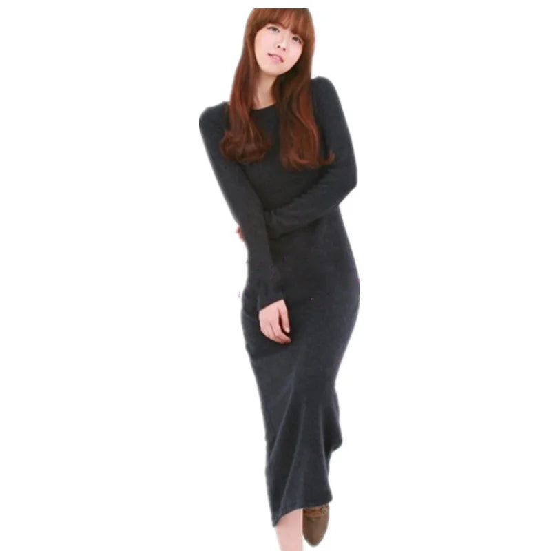 TIYIHAILEY O-neck Winter Thick Thermal Full Sleeve Maxi Dress S-10XL Customized Fleece Stretch Outerwear Hoodies Black Grey