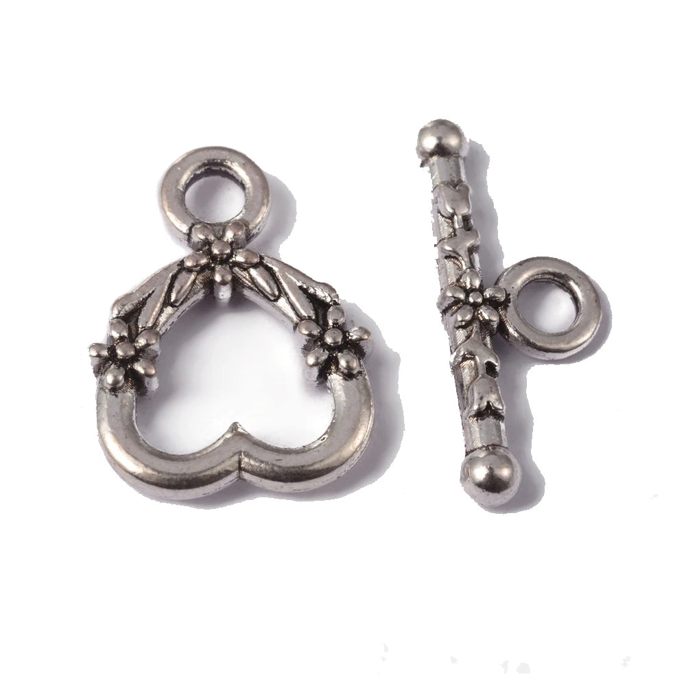 5 Sets Antique Silver OT Clasp Toggle End Closure Flower Heart Connector Ring For DIY Bracelet Necklace Jewelry Making Accessory