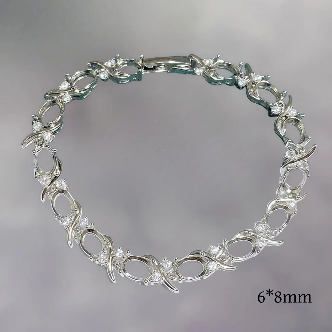L S925 Sterling Silver DIY Empty Holder Bracelet Settings 6*8mm Oval Stone Fine Charm Jewelry Design Luxury Zircon for Woman