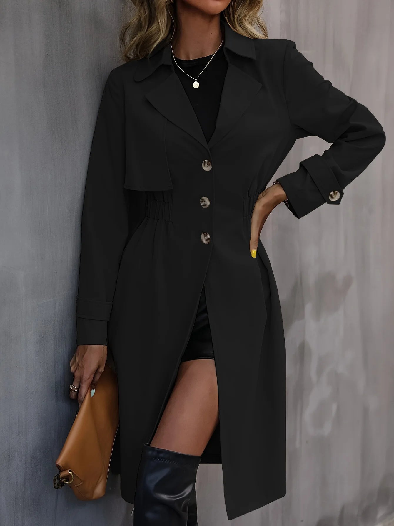 Women Fashion Coats Fall/Winter 2024 New Windproof Warm Windbreaker Chic Cinched Waist Frilled A-Line Hem Elegant Party Wear