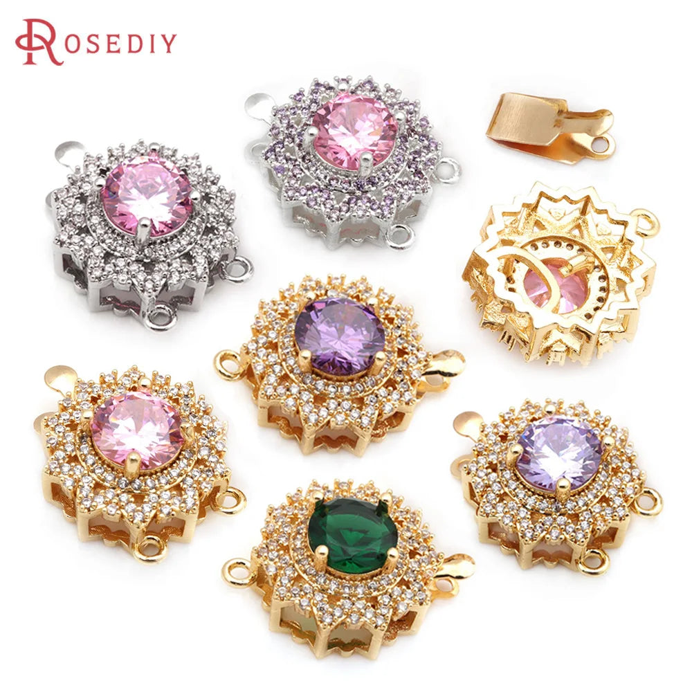 2 Sets 18K Gold Color Brass and Zircon Round Necklaces Connect Clasps High Quality Diy Jewelry Making Supplies for Women