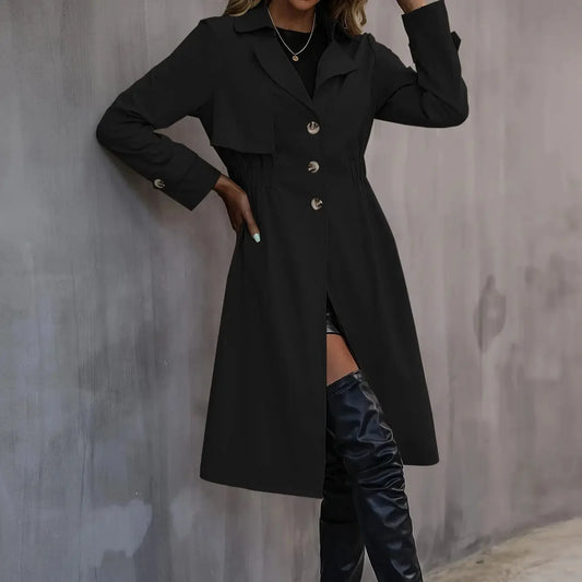 Women Fashion Coats Fall/Winter 2024 New Windproof Warm Windbreaker Chic Cinched Waist Frilled A-Line Hem Elegant Party Wear